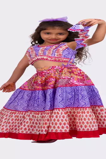 Elaisha woven cotton sleeveless all over printed top with printed lehenga-lavender & pink