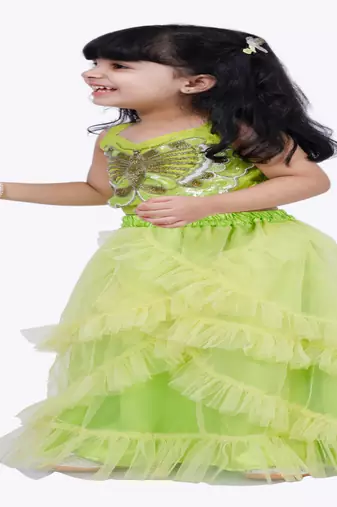 Elaisha woven sleeveless placement embroidered top with net lehenga-limegreen