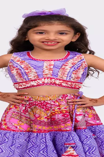 Elaisha woven cotton sleeveless all over printed top with printed lehenga-lavender & pink