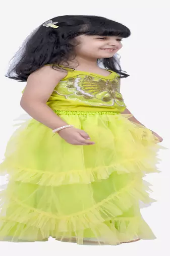 Elaisha woven sleeveless placement embroidered top with net lehenga-limegreen