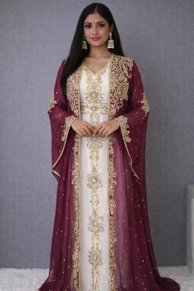Wine georgette beads and zari work wedding kaftan dress