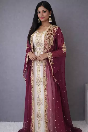 Wine georgette beads and zari work wedding kaftan dress