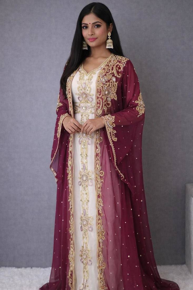 Wine georgette beads and zari work wedding kaftan dress