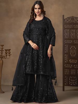 Enchanting Black Embroidered Net Festival Wear Sharara Suit 1