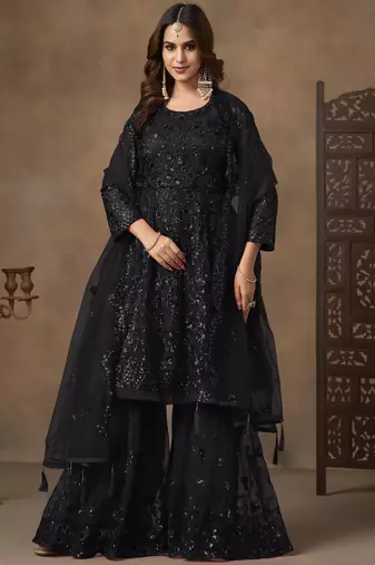 Enchanting Black Embroidered Net Festival Wear Sharara Suit