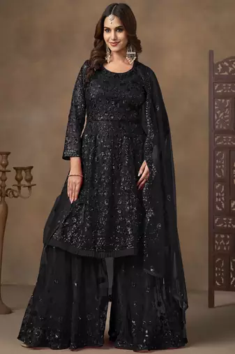 Enchanting Black Embroidered Net Festival Wear Sharara Suit