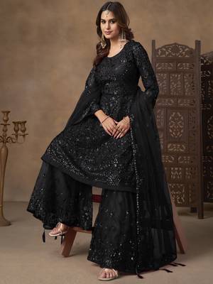 Enchanting Black Embroidered Net Festival Wear Sharara Suit 3