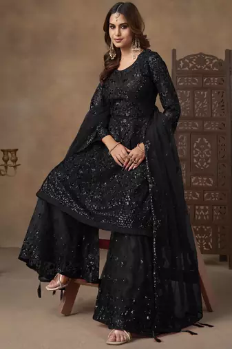 Enchanting Black Embroidered Net Festival Wear Sharara Suit