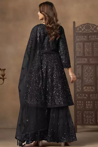 Enchanting Black Embroidered Net Festival Wear Sharara Suit