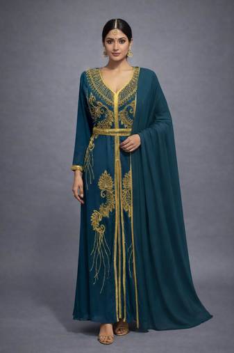 Wine Georgette Zari Work Kaftan Dress