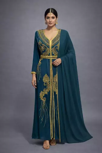 Wine Georgette Zari Work Kaftan Dress