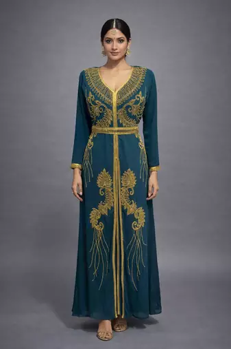 Wine Georgette Zari Work Kaftan Dress