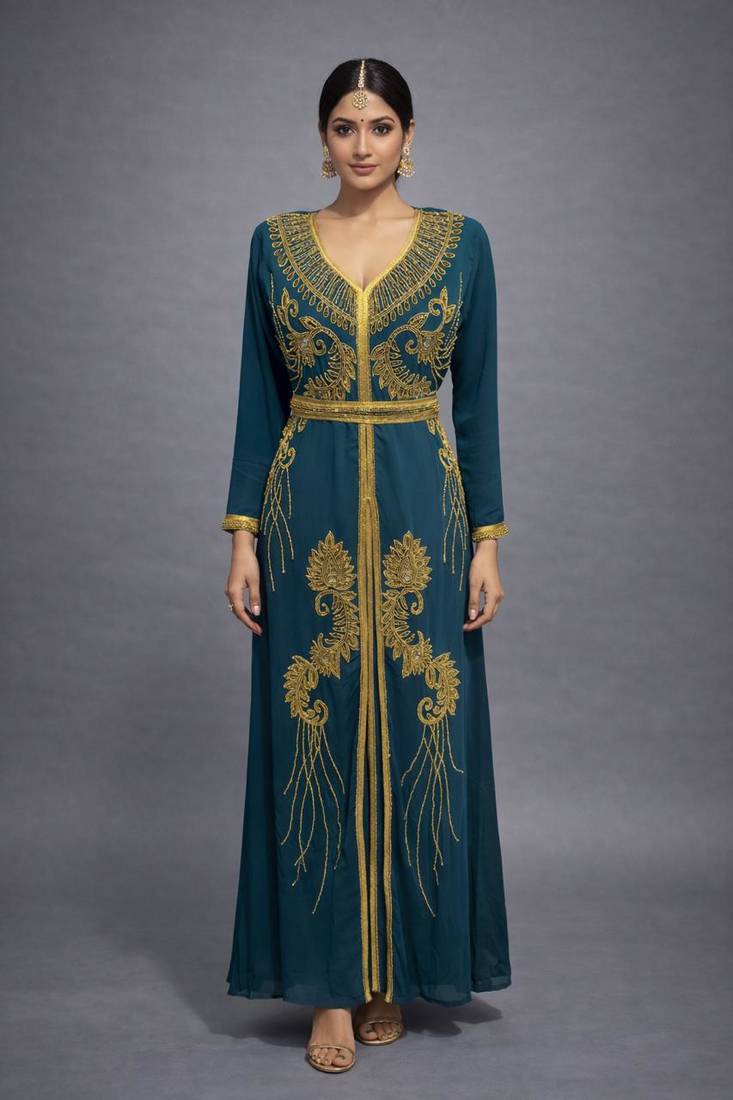 Wine Georgette Zari Work Kaftan Dress