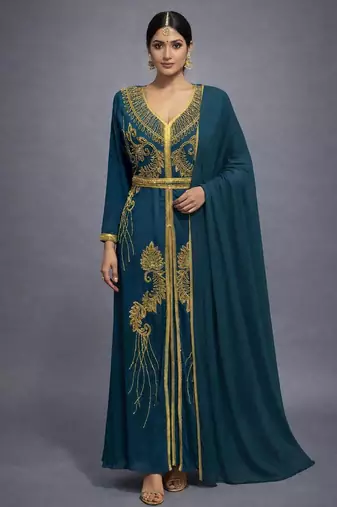 Wine Georgette Zari Work Kaftan Dress