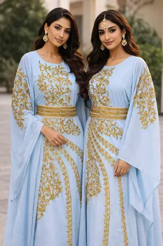 Sky Blue Georgette Zari Work Kaftan Dress 