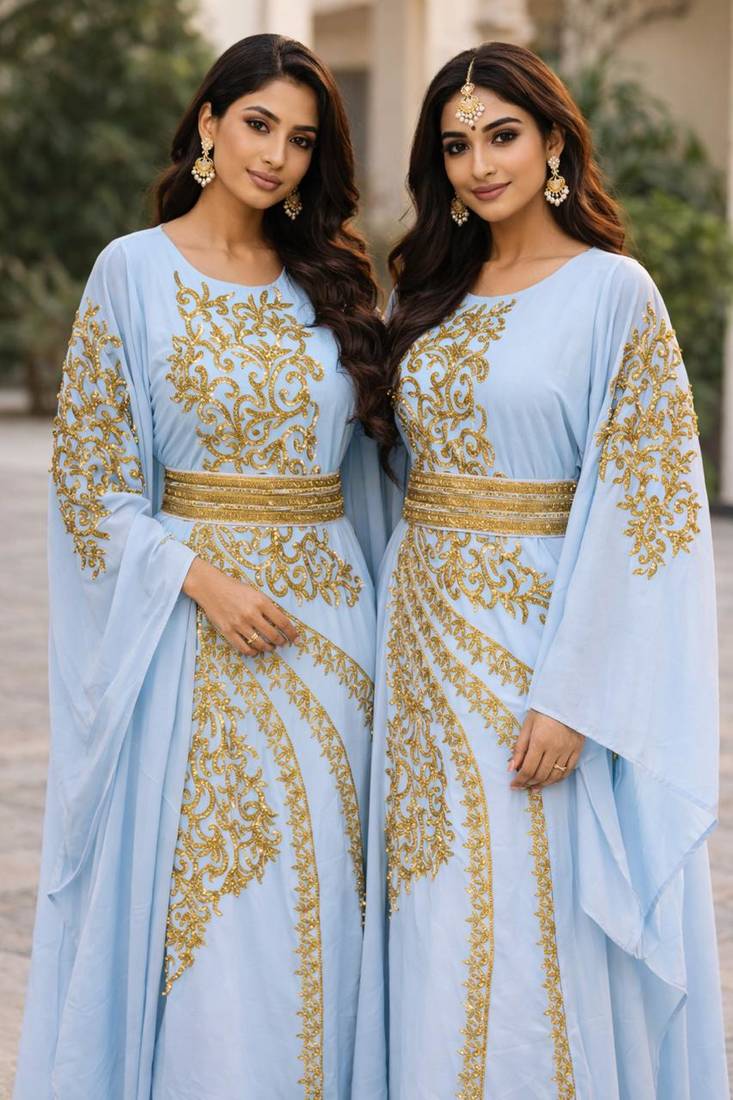 Sky Blue Georgette Zari Work Kaftan Dress 