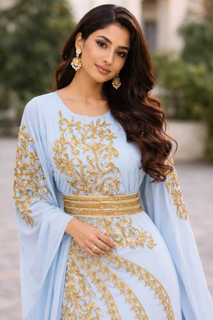 Sky Blue Georgette Zari Work Kaftan Dress 