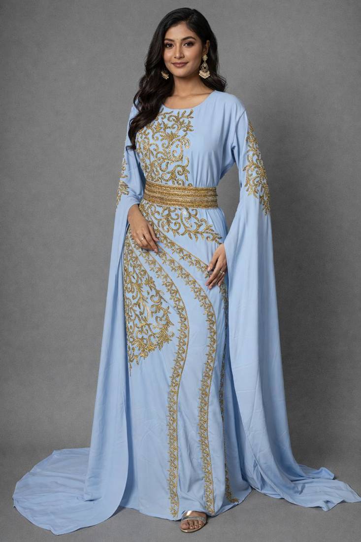 Sky Blue Georgette Zari Work Kaftan Dress 