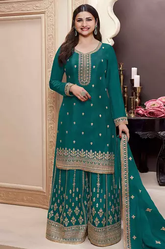 teal Chinon embroidered salwar suit