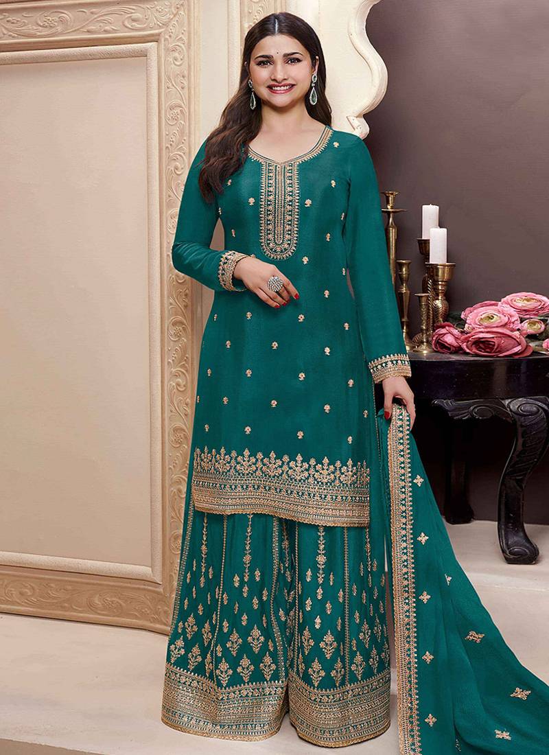 teal Chinon embroidered salwar suit