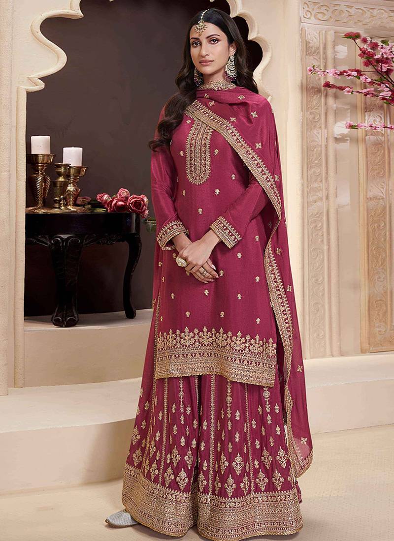 maroon Chinon embroidered designer sharara suit
