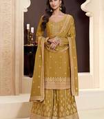 mustard Chinon embroidered designer sharara suit