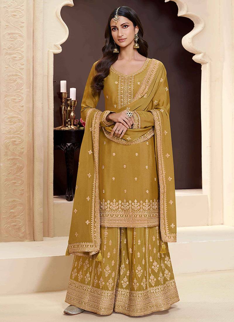 mustard Chinon embroidered designer sharara suit