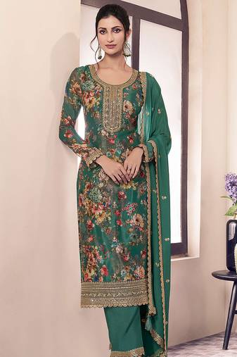 Green designer chinon salwar suit with printed work