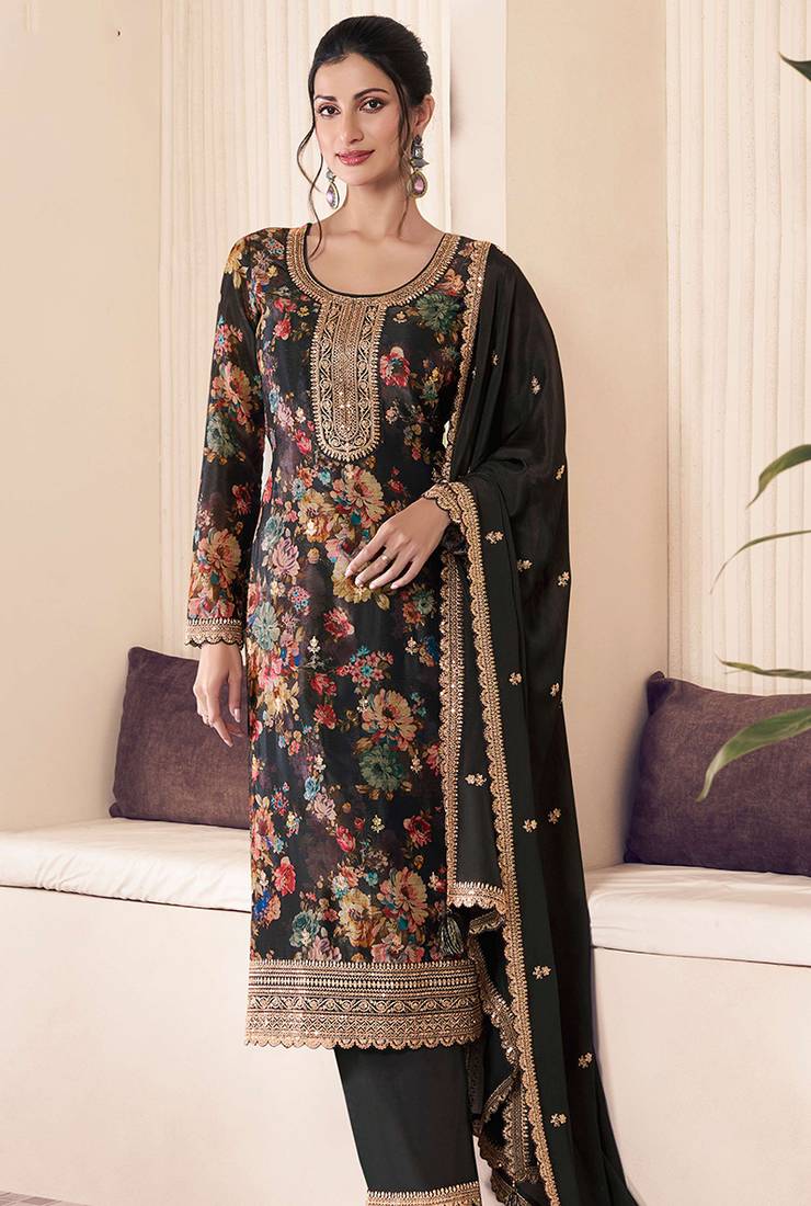 Black designer chinon salwar suit with printed work