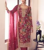 Maroon designer chinon salwar suit with printed work