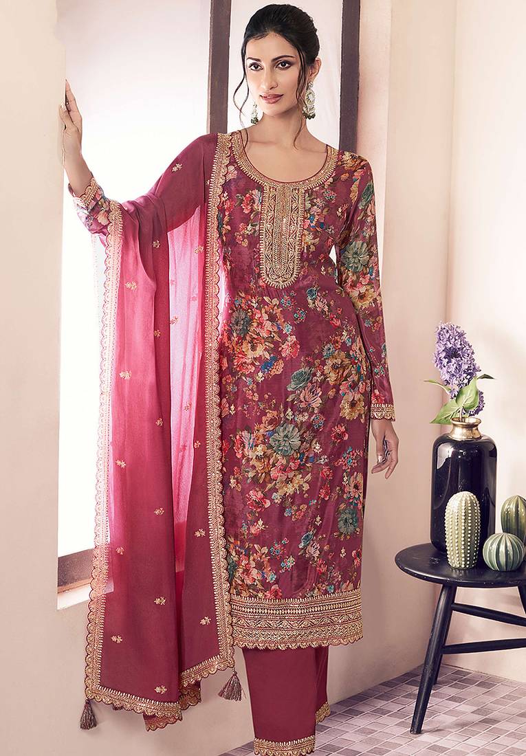 Maroon designer chinon salwar suit with printed work