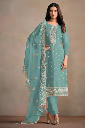 Sky blue organza festival pant style suit