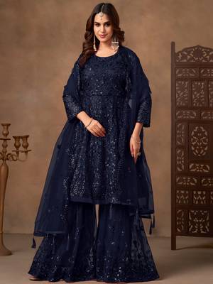 Beautiful Navy Blue Embroidered Net Wedding Wear Sharara Suit 1