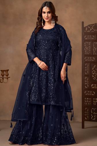 Beautiful Navy Blue Embroidered Net Wedding Wear Sharara Suit