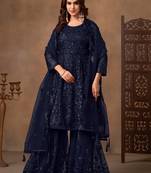 Beautiful Navy Blue Embroidered Net Wedding Wear Sharara Suit