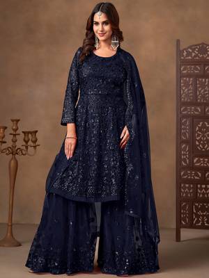 Beautiful Navy Blue Embroidered Net Wedding Wear Sharara Suit 2