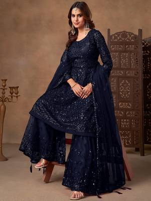 Beautiful Navy Blue Embroidered Net Wedding Wear Sharara Suit 3