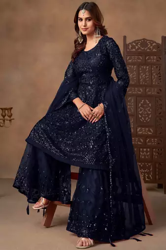 Beautiful Navy Blue Embroidered Net Wedding Wear Sharara Suit