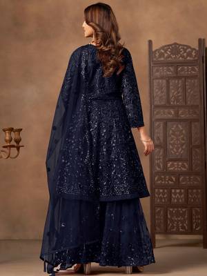 Beautiful Navy Blue Embroidered Net Wedding Wear Sharara Suit 4