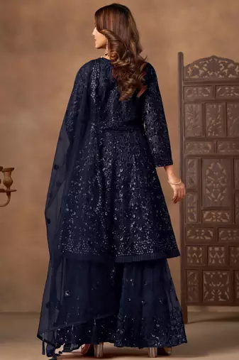 Beautiful Navy Blue Embroidered Net Wedding Wear Sharara Suit