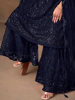 Beautiful Navy Blue Embroidered Net Wedding Wear Sharara Suit 5