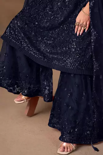 Beautiful Navy Blue Embroidered Net Wedding Wear Sharara Suit