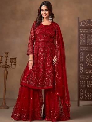 Outstanding Red Embroidered Net Function Wear Sharara Suit 1