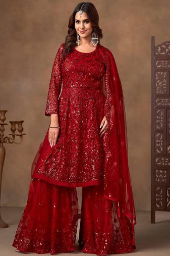 Outstanding Red Embroidered Net Function Wear Sharara Suit
