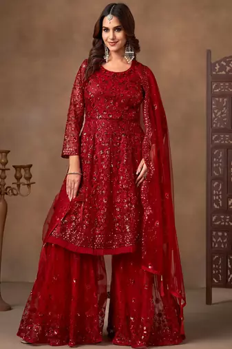 Outstanding Red Embroidered Net Function Wear Sharara Suit