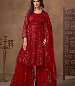 Outstanding Red Embroidered Net Function Wear Sharara Suit