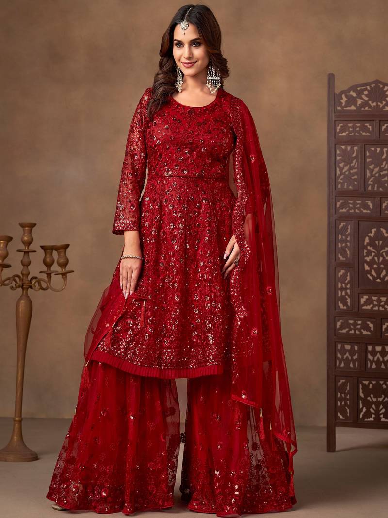 Outstanding Red Embroidered Net Function Wear Sharara Suit