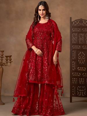 Outstanding Red Embroidered Net Function Wear Sharara Suit 2