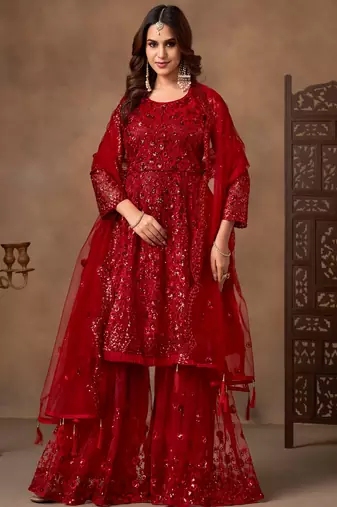Outstanding Red Embroidered Net Function Wear Sharara Suit