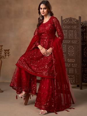 Outstanding Red Embroidered Net Function Wear Sharara Suit 3